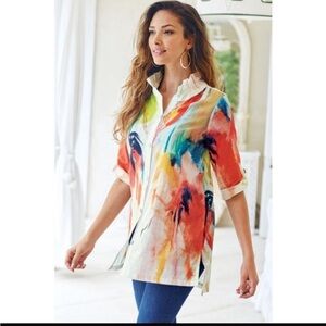 EUC Women’s SOFT SURROUNDINGS Isla Grand Tropical Floral Watercolor Blouse (XS)
